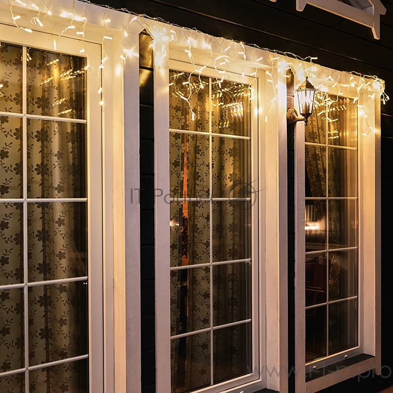 Гирлянда Айсикл (бахрома) светодиодный, 4,8 х 0,6 м, прозрачный провод, диоды ТЕПЛЫЙ БЕЛЫЙ, 176 LED