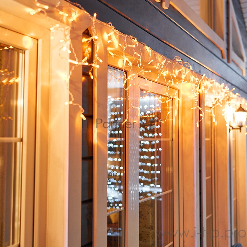 Гирлянда Айсикл (бахрома) светодиодный, 4,8 х 0,6 м, прозрачный провод, 230 В, диоды желтые, 176 LED NEON-NIGHT