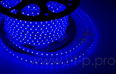 LED лента 220 В, 10х7 мм, IP67, SMD 2835, 60 LED/m, цвет свечения синий, бухта 100 м