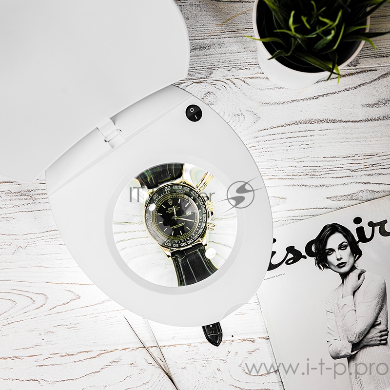 Лупа на струбцине REXANT, круглая, 8D, с подсветкой и крышкой, белая