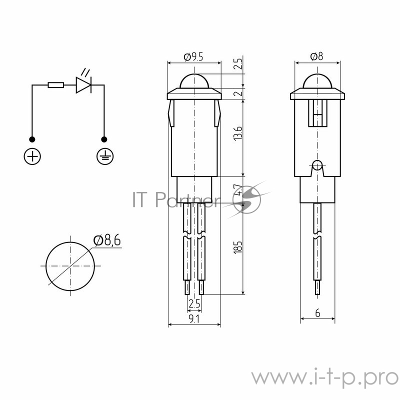 Индикатор Ø8 12В с проводом синий LED REXANT