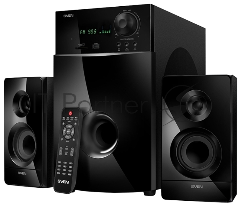 Колонки SVEN MS-2100, черный {2.1, 50Вт+2х15Вт, FM-тюнер, USB/SD, дисплей, ПДУ}