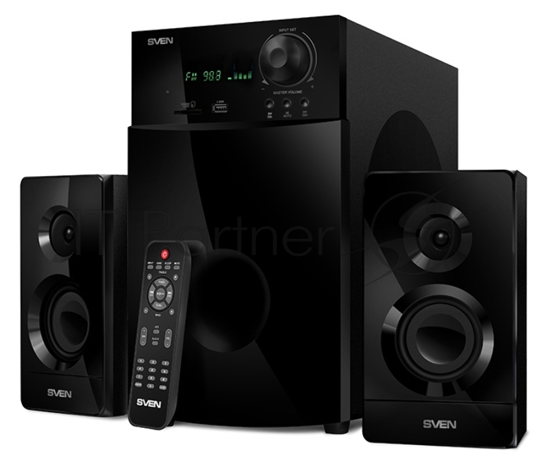 Колонки SVEN MS-2100, черный {2.1, 50Вт+2х15Вт, FM-тюнер, USB/SD, дисплей, ПДУ}