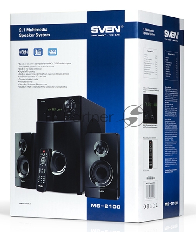 Колонки SVEN MS-2100, черный {2.1, 50Вт+2х15Вт, FM-тюнер, USB/SD, дисплей, ПДУ}
