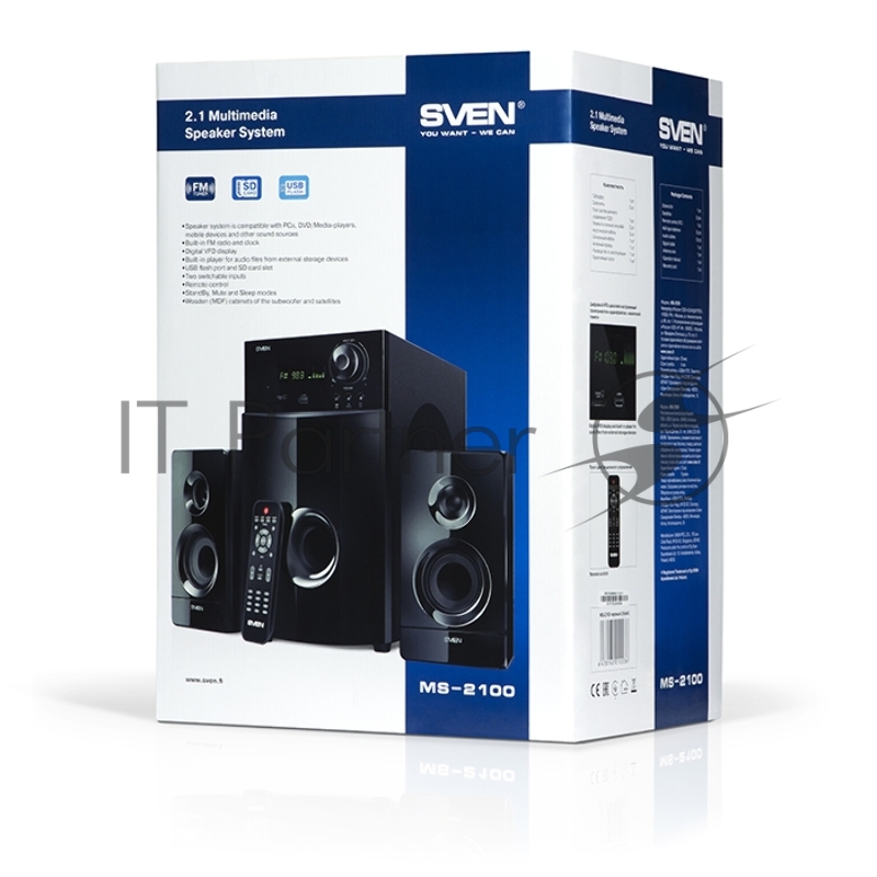Колонки SVEN MS-2100, черный {2.1, 50Вт+2х15Вт, FM-тюнер, USB/SD, дисплей, ПДУ}
