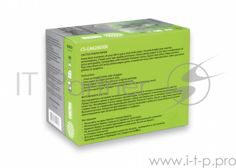 Бумага CACTUS CS-GA6200500 Фотобумага Cactus CS-GA6200500 глянцевая, 10x15, 200 г/м2, 500 листов.