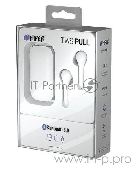 Наушники Hiper TWS PULL White Bluetooth 5.0 гарнитура Li-Pol 2x40mAh+400mAh, белый