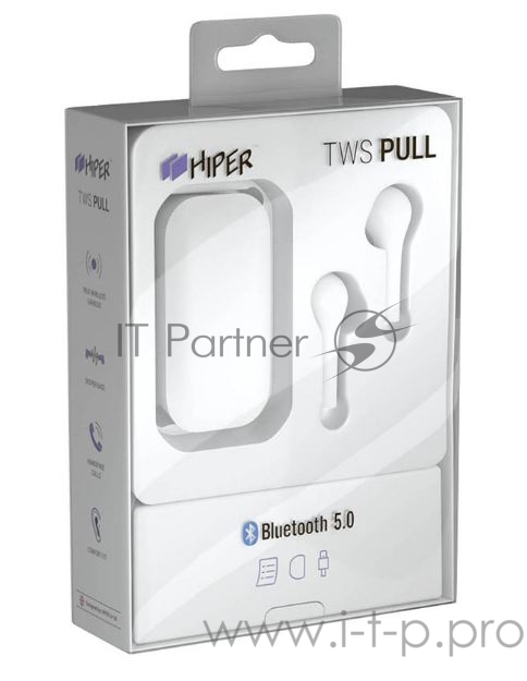 Наушники Hiper TWS PULL White Bluetooth 5.0 гарнитура Li-Pol 2x40mAh+400mAh, белый