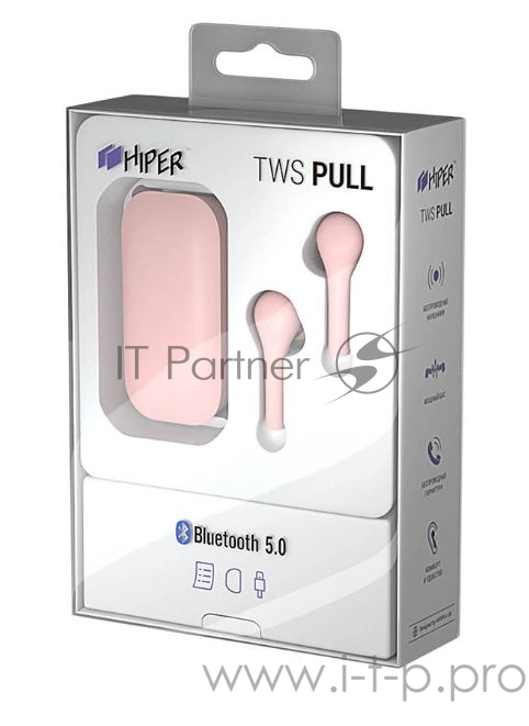 Наушники Hiper TWS PULL Pink Bluetooth 5.0 гарнитура Li-Pol 2x40mAh+400mAh, розовый