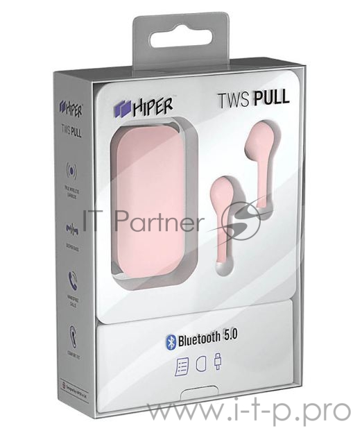 Наушники Hiper TWS PULL Pink Bluetooth 5.0 гарнитура Li-Pol 2x40mAh+400mAh, розовый