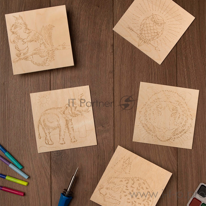 Доски для выжигания REXANT, «Животные», 150х150 мм, набор 5 шт. (Белка/Слон/Сова/Ежик/Тигр), пакет