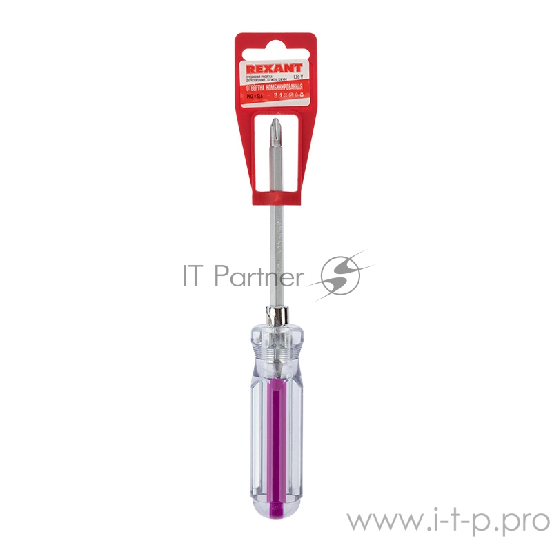 Отвертка комбинированная, прозрачная рукоятка, двухсторонний стержень 120 мм (крестовая PH 2, шлицевая SL 6 мм) REXANT