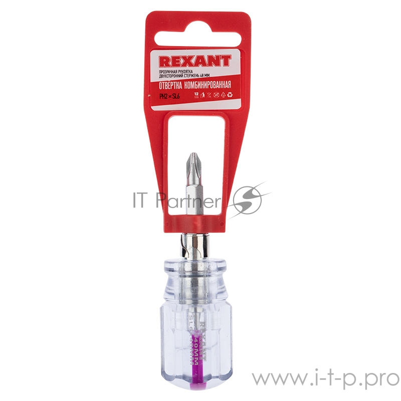 Отвертка комбинированная, прозрачная рукоятка, двухсторонний стержень 40 мм (крестовая PH 2, шлицевая SL 6 мм) REXANT