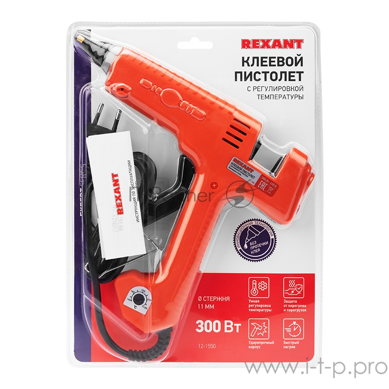 Пистолет клеевой REXANT, 300 Вт, Ø11 мм, «ЭКСПЕРТ», настройка температуры 100…220℃, блистер