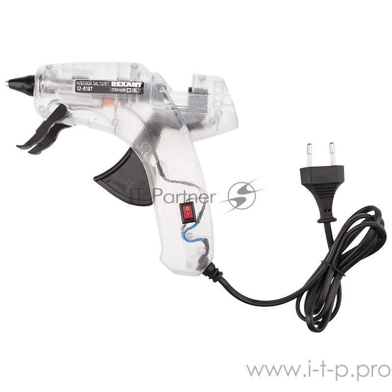 Пистолет клеевой REXANT, 60 Вт, Ø11 мм, ПРОЗРАЧНЫЙ корпус, с кнопкой, блистер