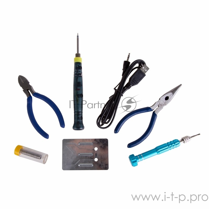 Набор для пайки REXANT (USB паяльник 8 Вт, кусачки, тонкогубцы, подставка, припой, отвертка)