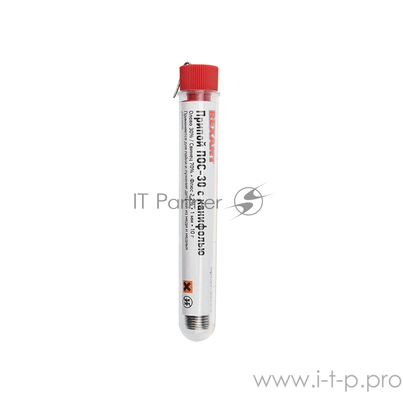 Припой с канифолью ПОС-30 REXANT, 10 г, Ø1.0 мм, (олово 30%, свинец 70%), колба