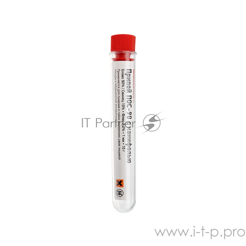 Припой с канифолью ПОС-90 REXANT, 10 г, Ø1.0 мм, (олово 90%, свинец 10%), колба