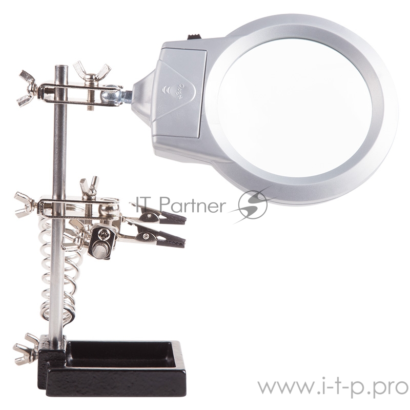 Держатель «Третья рука» REXANT, 2 зажима, чугун, лупа 90 мм, подставка паяльника, LED подсветка