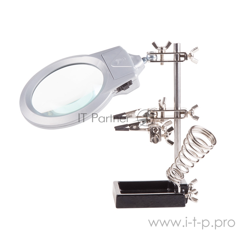 Держатель «Третья рука» REXANT, 2 зажима, чугун, лупа 90 мм, подставка паяльника, LED подсветка