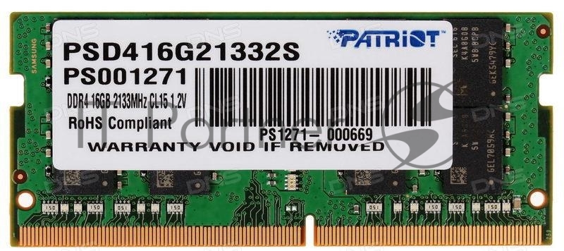 Модуль памяти Patriot SO-DIMM DDR4 16Gb 2133MHz Patriot PSD416G21332S RTL PC4-17000 CL15 260-pin 1.2В dual rank