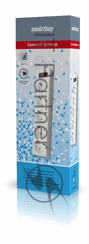 Удлинители бытовые, Сетевые фильтры, Тройники Smartbuy SBSP-50-W Сетевой фильтр Smartbuy One, 10А, 2 200 Вт, 5 розеток, длина 5,0 м, белый (SBSP-50-W)/35