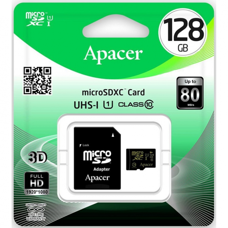 Карта памяти Micro SecureDigital 128Gb Apacer AP128GMCSX10U1-R {MicroSDXC Class 10 UHS-I, SD adapter}