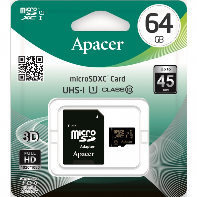 Карта памяти Micro SecureDigital 64Gb Apacer AP64GMCSX10U1-R {MicroSDHC Class 10 UHS-I U1, SD adapter}