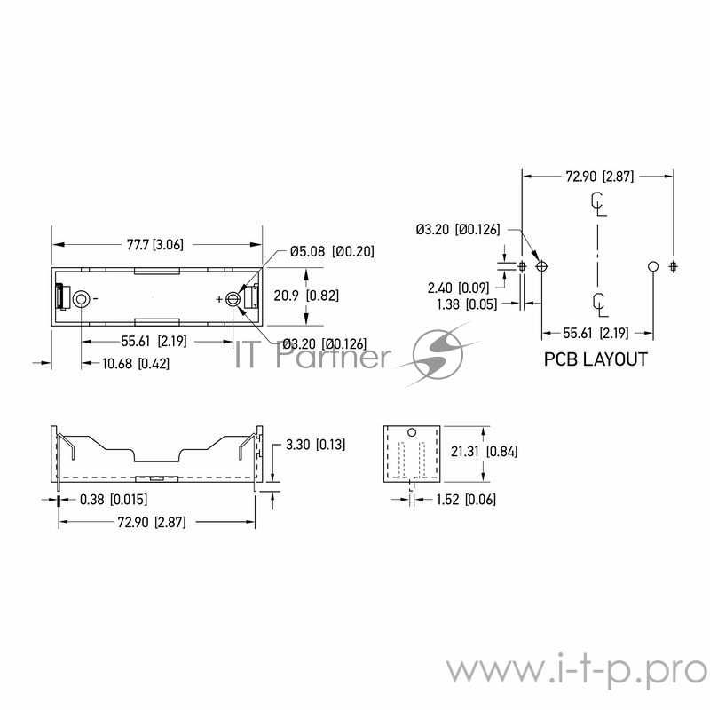 Батарейный отсек 1х18650 Li-ion (на плату)