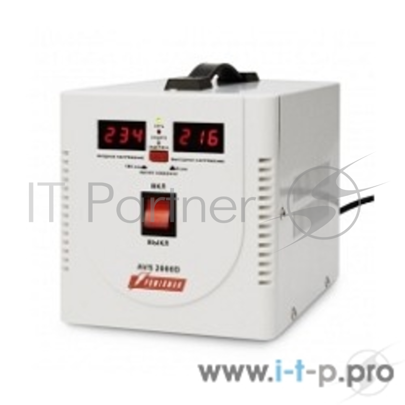Стабилизатор напряжения Powerman AVS-D Voltage Regulator 2000VA, Digital Indication, 2x Schuko Outlets, 1m Power Cord, 230V, 1 year warranty, White