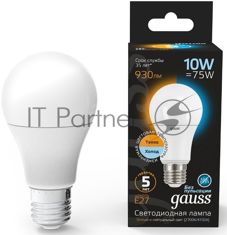 Лампа светодиодная LED A60 E27 10Вт 2700К/4100К CTC Gauss 102502110-T