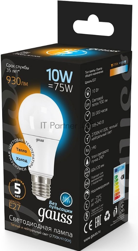 Лампа светодиодная LED A60 E27 10Вт 2700К/4100К CTC Gauss 102502110-T