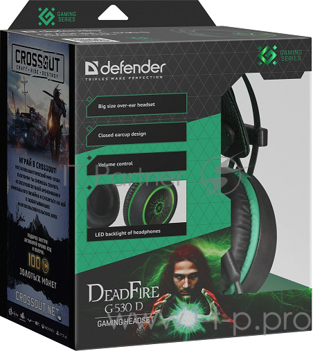 Наушники Defender DeadFire G-530D черный+зеленый, кабель 2,2 м
