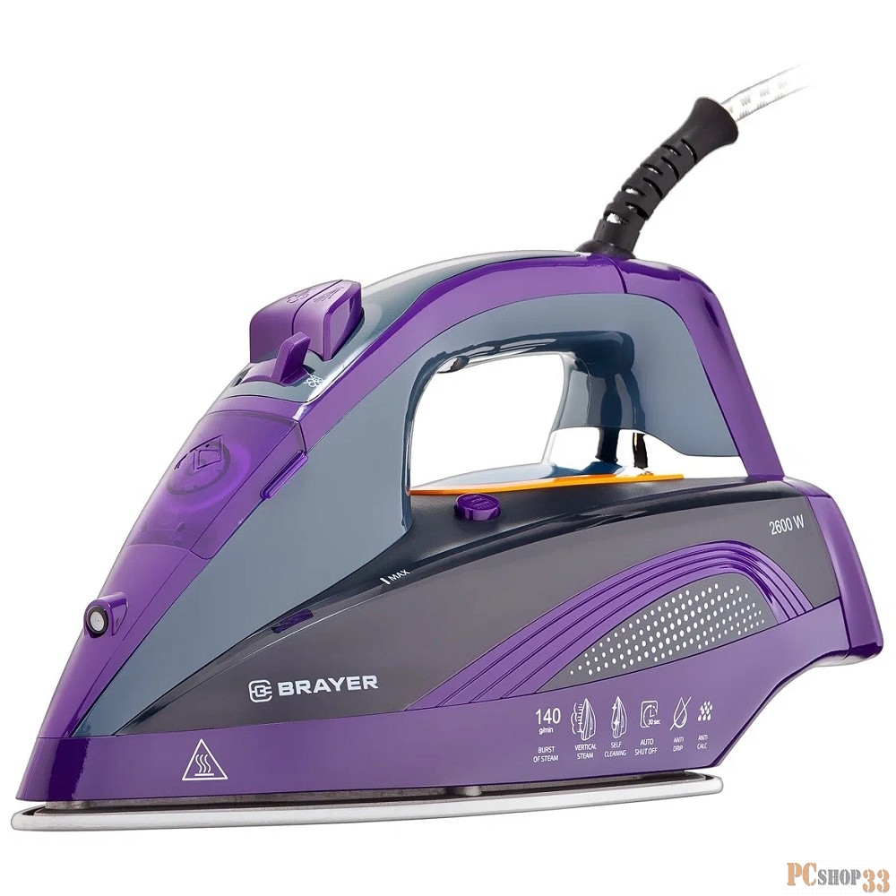 Утюг BRAYER, 2600 Вт, керамич, автоотключ. Пар 140 г/м, One temp, антикапля, спрей, самоот,