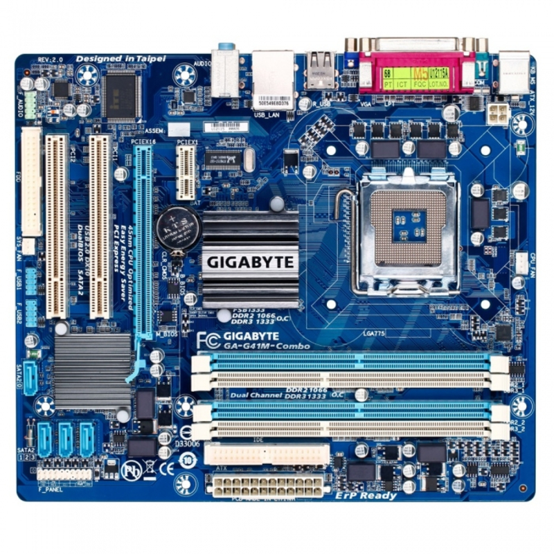 Материнская плата Gigabyte GA-G41M-COMBO-GQ, Socket 775, Intel®G41+ICH7, 2xDDR3-1066+2xDDR2-1066, D-SUB, 1xPCI-Ex16, 1xPCI-Ex1, 2xPCI, 4xSATA2, 1xIDE, 6 Ch Audio, GLan, (4+4)xUSB2.0, COM, LPT, 2xPS/2, mATX, BOX