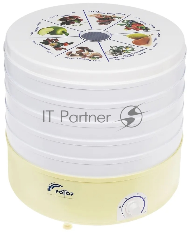 Сушка для овощей и фруктов РОТОР СШ-002 с 5 решетами в гофротареПитание, В : 220, Потребляемая мощность, Вт: 520, Max t воздуха на нижнем поддоне,°С: 70, Объем сушильной камеры,л: 20, Масса, кг: 4,5, Габаритные размеры,мм:400×390