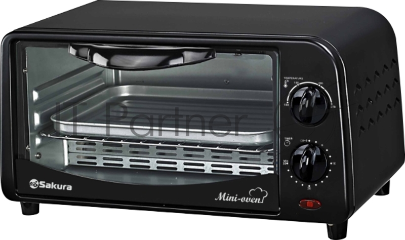 Мини печь SAKURA SA-7018B черный, 10 л, мощность 1000 Вт, 2 кварц.нагреват.элемента, регулировка температуры 100-250С, 30-минутный таймер со звонком, световой индикатор работы, противень, решетка