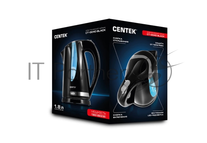 Чайник Centek CT-0040 Black 1.8л, 2200Вт, открывание кнопкой, внутренняя подсветка