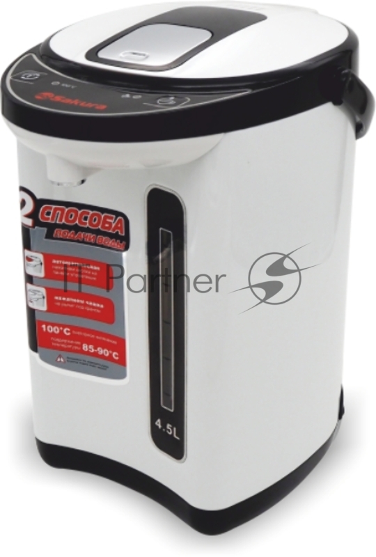Термопот SAKURA SA-314WB Мощность 750Вт. Объем 4,5л. Тип управления: кнопочный. 2 способа подачи воды. Материал колбы и корпуса - нерж. сталь. С функцией кипячения и поддержания температуры на уровне 85-90°С. Двойная защита от перегрева и включения б