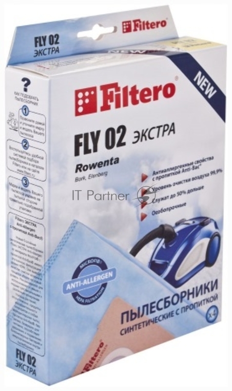 Мешок-пылесборник Экстра FILTERO FLY-02 (4) из синтетического микроволокна MicroFib с антибактер. пропиткой Anti-Bac