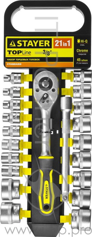 Набор головок STAYER 27752-H21 standard: 3/8 на пластиковом рельсе трещотка удлинитель 6-24мм 21шт