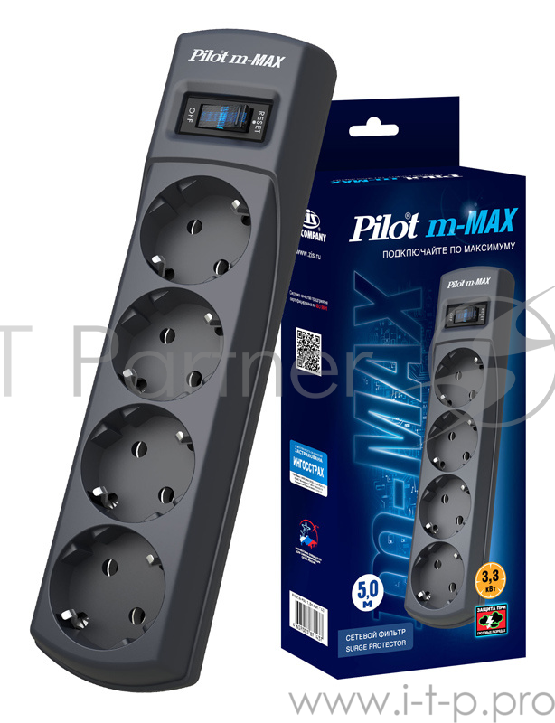 Сетевой фильтр Pilot m-MAX 5м (4 розетки) серый (коробка)