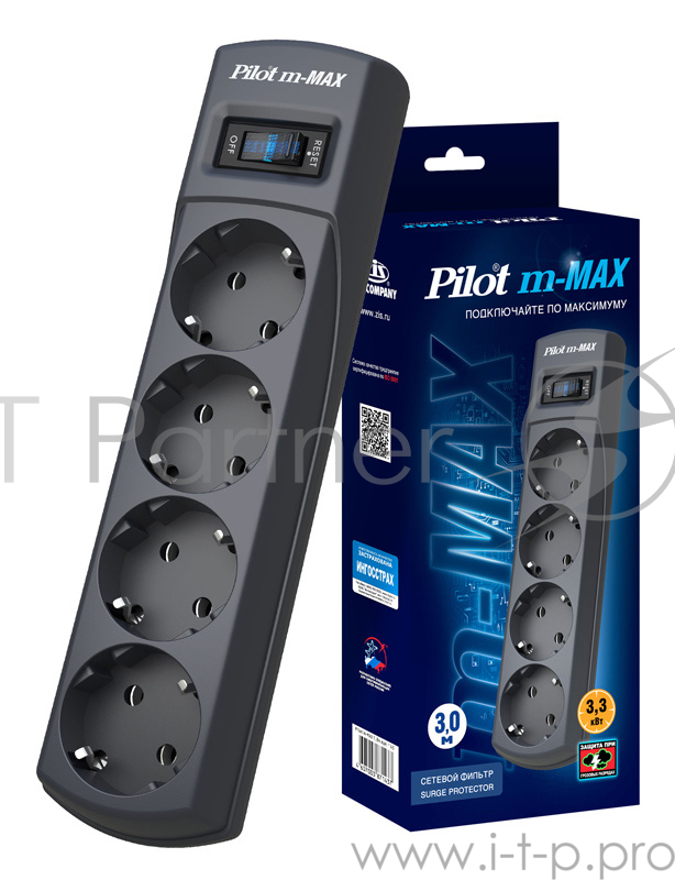 Сетевой фильтр Pilot m-MAX 3м (4 розетки) серый (коробка)