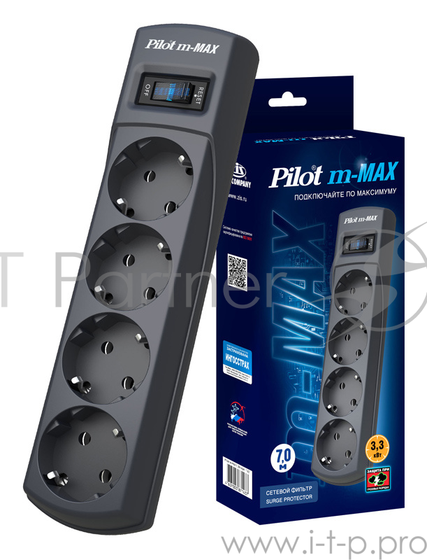 Сетевой фильтр Pilot m-MAX 7м (4 розетки) серый (коробка)