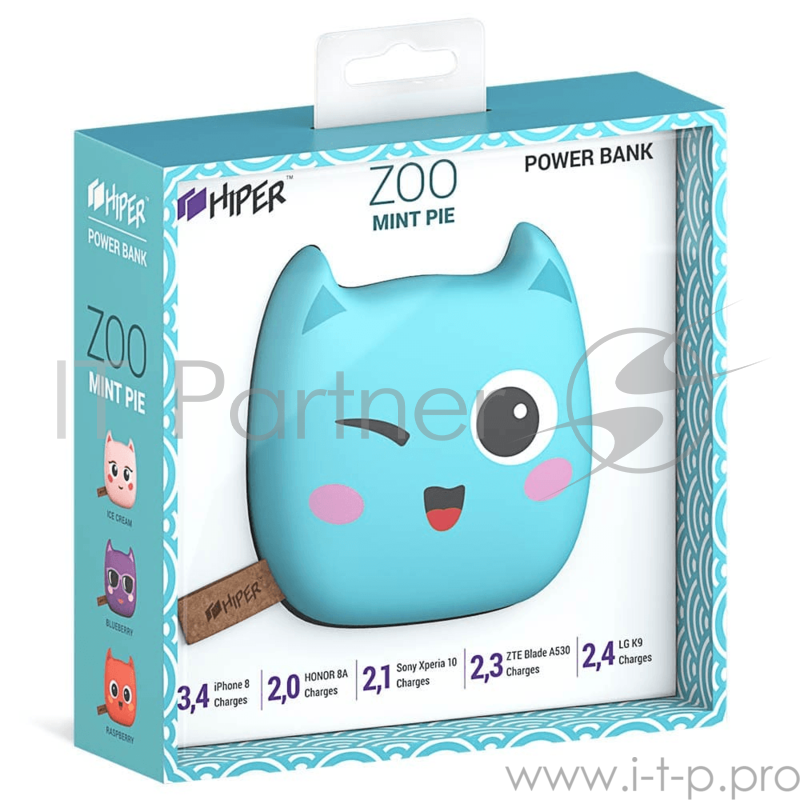 Аккумулятор HIPER Внешний аккумулятор HIPER ZOO MINT PIE Li-Pol 8000mAh 2.4A+1.5A 2xUSB, зеленый