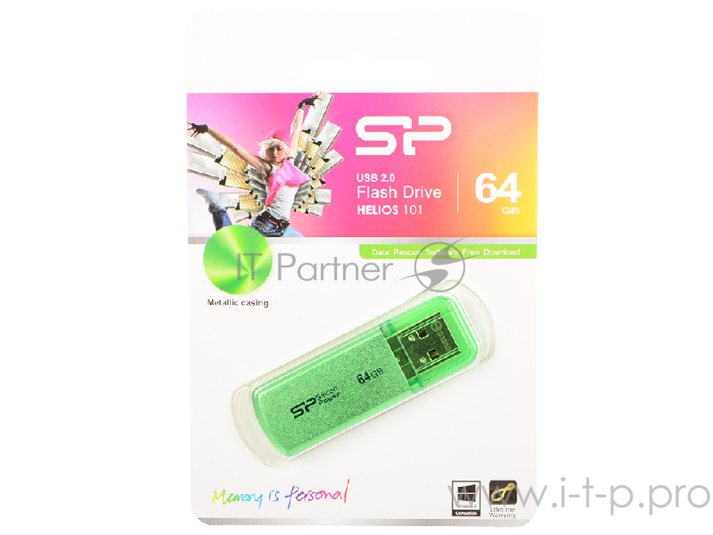 Накопитель USB flash 64ГБ Silicon Power Helios 101 SP064GBUF2101V1N, зеленый (USB2.0)