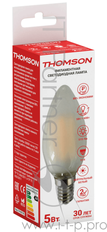 Лампа светодиодная Hiper THOMSON LED FILAMENT CANDLE 5W 515Lm E14 4500K FROSTED