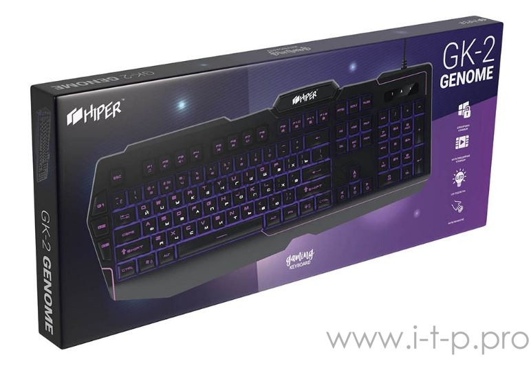 Игровая клавиатура чёрная HIPER GENOME GK-2 (104кл, USB, мембранная, RGB подсветка)