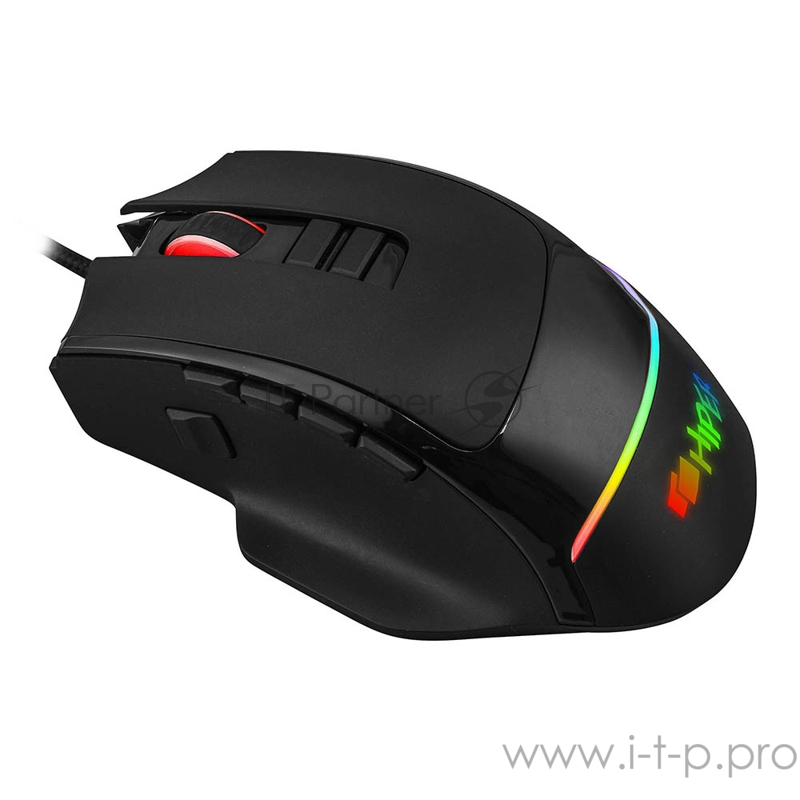 Игровая мышь чёрная HIPER Quantum Q-M1 (USB, 10 кнопок, 7200 dpi, сменные панели, RGB подсветка)