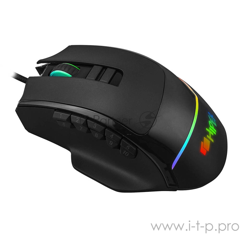 Игровая мышь чёрная HIPER Quantum Q-M1 (USB, 10 кнопок, 7200 dpi, сменные панели, RGB подсветка)